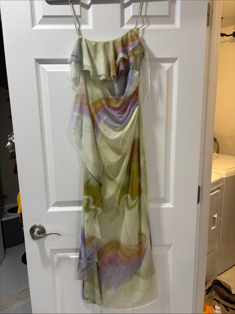 Zara Light Green Lilac Watercolor Ruffle Maxi Dress